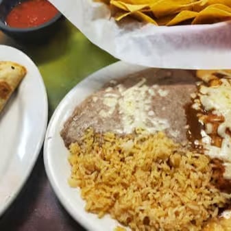 #5- One Beef Quesadilla, One Enchilada, Rice and Beans.